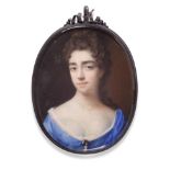 ~ Peter Cross, (circa 1650-1724) Portrait of a lady wearing a blue dress adorned with a jewel and a