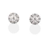 A Pair of Diamond Cluster Earrings, a central old cut diamond within a border of smaller old cut