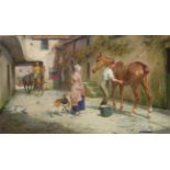 George Wright (1860-1942) Groom and maid behind an inn Signed, oil on canvas, 29cm by 49.5cm See