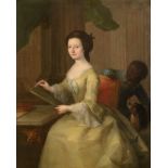 ~ Circle of Francis Cotes RA (1726-1770) Portrait of a lady in a yellow dress holding a pen, with