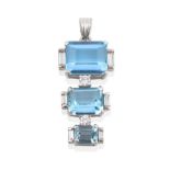 An Aquamarine and Diamond Pendant, three graduated emerald-cut aquamarines in white claw settings,