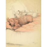 Cecil Charles Windsor Aldin (1870-1935) Slumbering Dogs Signed, pencil and watercolour on ivorine,