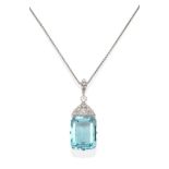 An Aquamarine and Diamond Pendant on Chain, the emerald-cut aquamarine in a claw setting, surmounted