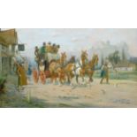 George Wright (1860-1942) Coaching team outside an inn Signed, oil on canvas, 30cm by 50.5cm See