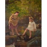 John George Brown (1831-1913) American Two girls paddling in a stream Signed and dated 1877, oil