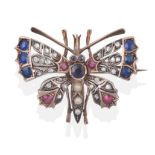 A Late Victorian Sapphire, Ruby, Diamond and Pearl Butterfly Brooch, comprised of round and oval cut