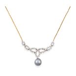 An 18 Carat Gold Diamond and Cultured Pearl Necklace, a looped plaque set with round brilliant cut