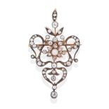 An Art Nouveau Diamond and Pearl Set Brooch/Pendant, a pearl centres an old cut diamond set cluster,