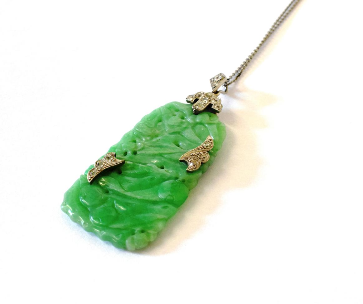An Art Deco Jade and Diamond Plaque Pendant on Chain, the tapered oblong plaque carved and pierced - Image 2 of 2