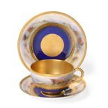 A Royal Worcester Porcelain Teacup, Saucer and Plate, by Harry Stinton, 1920, painted with