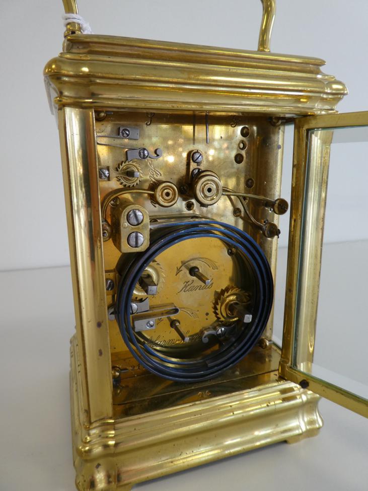 A Brass Grande Sonnerie Alarm Carriage Clock, circa 1890, carrying handle and repeat button, - Image 6 of 10
