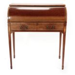 A Late George III Mahogany and Ebony Strung Rolltop Desk, early 19th century, the sliding two-as-one