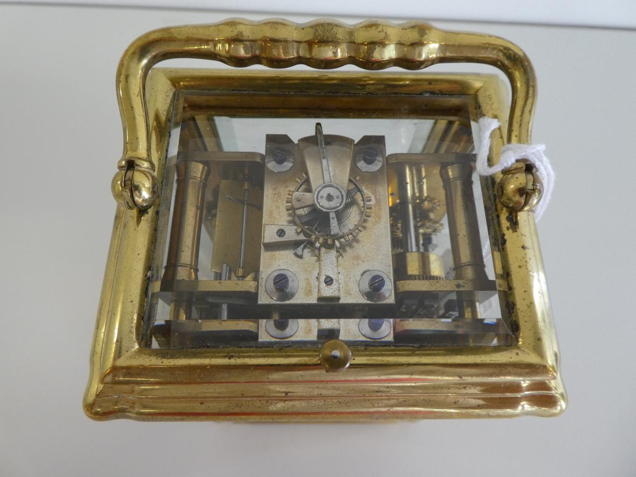 A Brass Grande Sonnerie Alarm Carriage Clock, circa 1890, carrying handle and repeat button, - Image 2 of 10