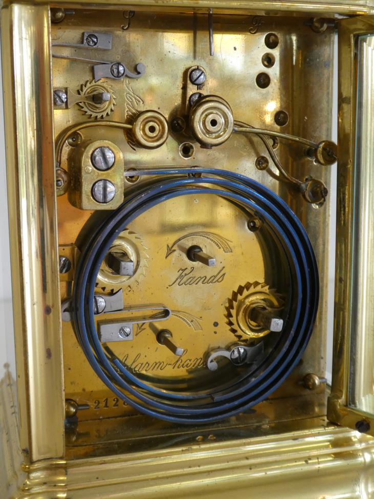 A Brass Grande Sonnerie Alarm Carriage Clock, circa 1890, carrying handle and repeat button, - Image 7 of 10