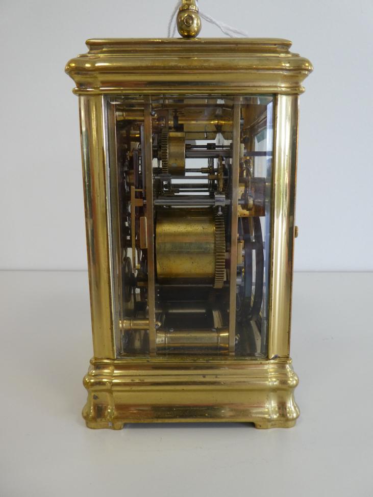 A Brass Grande Sonnerie Alarm Carriage Clock, circa 1890, carrying handle and repeat button, - Image 4 of 10