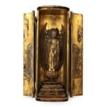 A Japanese Lacquer and Gilt Portable Shrine, Edo period, of rounded cylindrical form enclosing a