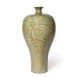 A Chinese Yaozhou Celadon Meiping Vase, possibly Northern Song/Jin Dynasty, carved with bands of