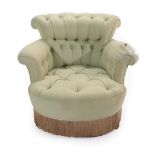 ~ A Victorian Tub Shaped Armchair, late 19th century, recovered in button green fabric, the worn