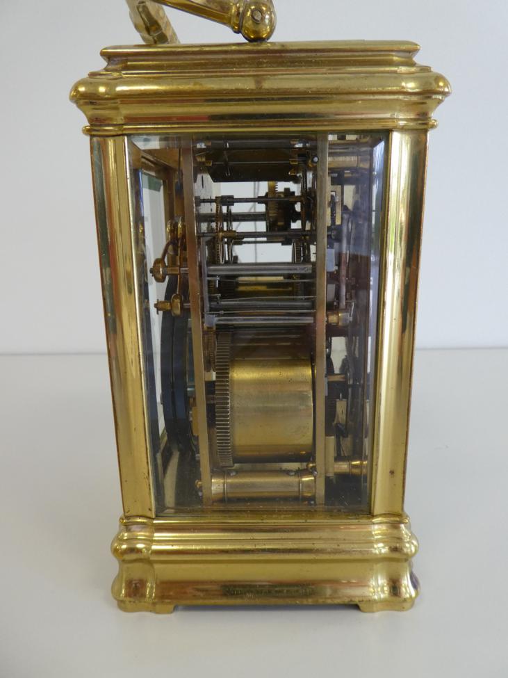 A Brass Grande Sonnerie Alarm Carriage Clock, circa 1890, carrying handle and repeat button, - Image 3 of 10