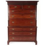 A George III Mahogany Secretaire Chest on Chest, circa 1760, the dentil cornice above a blind fret