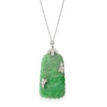 An Art Deco Jade and Diamond Plaque Pendant on Chain, the tapered oblong plaque carved and pierced
