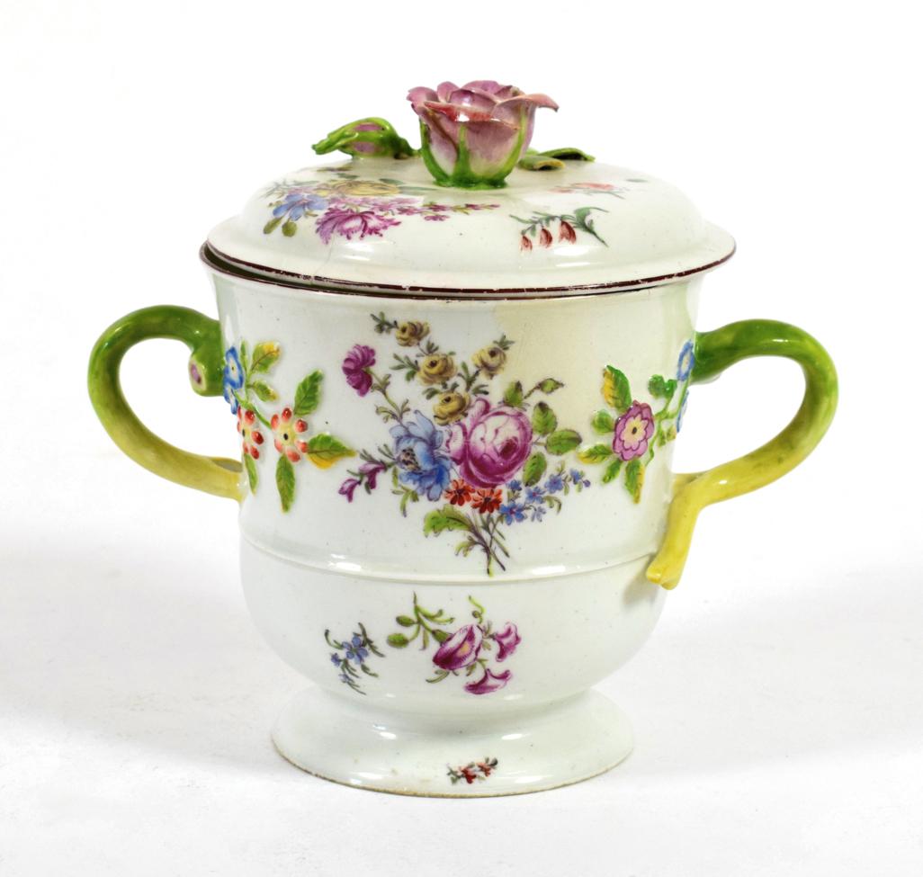 A Chelsea Porcelain Twin-Handled Vase and Cover, circa 1755, of campana form with crabstock