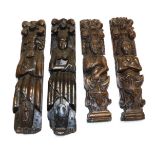 Two Pairs of Oak Relief Carved Panels, as male and female caryatids standing below carved