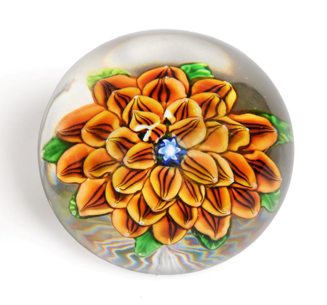 A St Louis Dahlia Paperweight, circa 1850, with blue and white central cane, brown and yellow