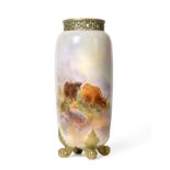 A Royal Worcester Porcelain Vase, painted by Harry Stinton, circa 1910, of rounded cylindrical