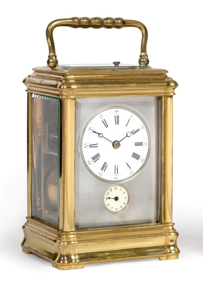 A Brass Grande Sonnerie Alarm Carriage Clock, circa 1890, carrying handle and repeat button,