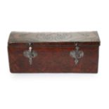 A George III Trunk, mid 18th century, covered in dark brown leather with decorative brass