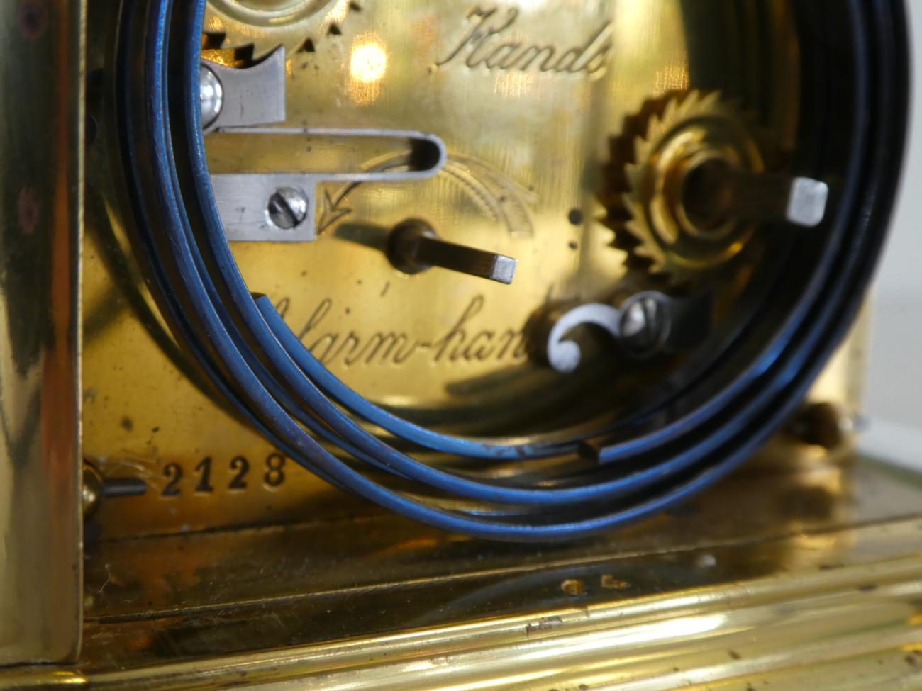 A Brass Grande Sonnerie Alarm Carriage Clock, circa 1890, carrying handle and repeat button, - Image 9 of 10