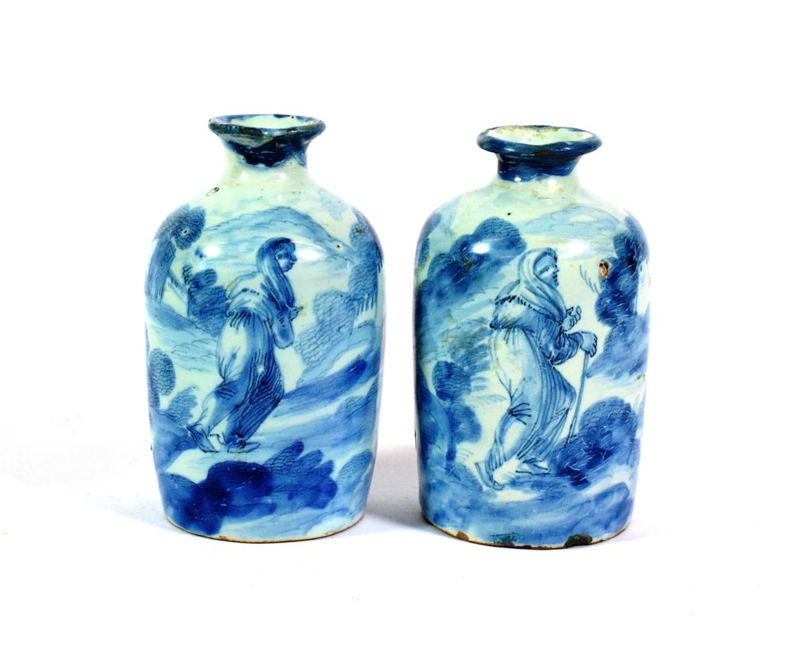 A Pair of Savona Maiolica Small Bottles, late 17th/early 18th century, of cylindrical form with