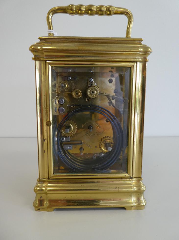 A Brass Grande Sonnerie Alarm Carriage Clock, circa 1890, carrying handle and repeat button, - Image 5 of 10