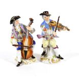 A Pair of Meissen Porcelain Figures of Musicians, 20th century, one standing playing the violin, the