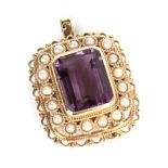 A Continental amethyst and pearl set brooch/pendant, with applied plaque stamped '14K', measures 3cm