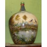 ^ A glass carboy painted with swans and doves amongst a landscape, 54cm high