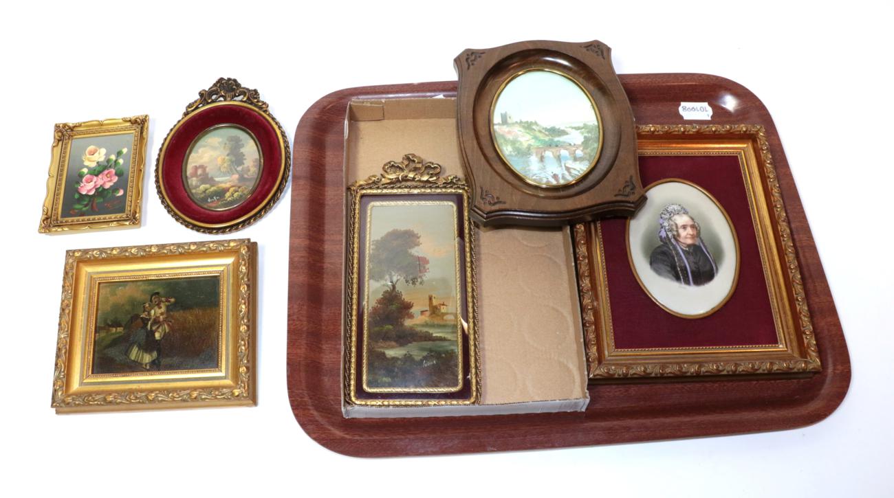 Six assorted framed miniatures including a late 19th century porcelain example depicting an