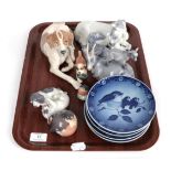 Royal Copenhagen animal figurines including goat & kid, mare & foal, dog & puppies and birds; two