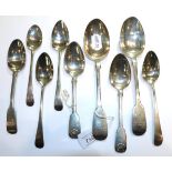 Nine assorted silver spoons, comprising a pair of Fiddle pattern spoons, engraved with initials,