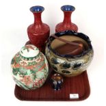 Pair of Chinese cinnabar vases, Doulton planter, pair of vases, leather box