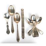 A silver gate link bracelet, two silver dessert spoons, six silver teaspoons, Norwegian silver spoon