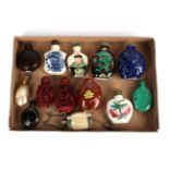 Thirteen assorted snuff bottles including cinnabar lacquer etc