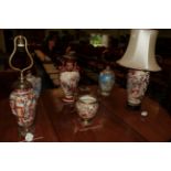 ^ Two Japanese earthenware table lamps; and a Japanese twin-handled vase (3)