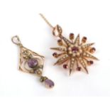 A garnet and seed pearl star brooch/pendant (with detachable pendant loop), unmarked, measures 3.4cm