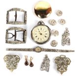 A pair of steel paste buckles (a.f.); a pair of garnet drop earrings; a silver pocket watch; a watch