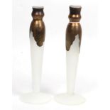 Mihai Topescu (Romanian) A pair of frosted glass candlesticks with metallic decoration
