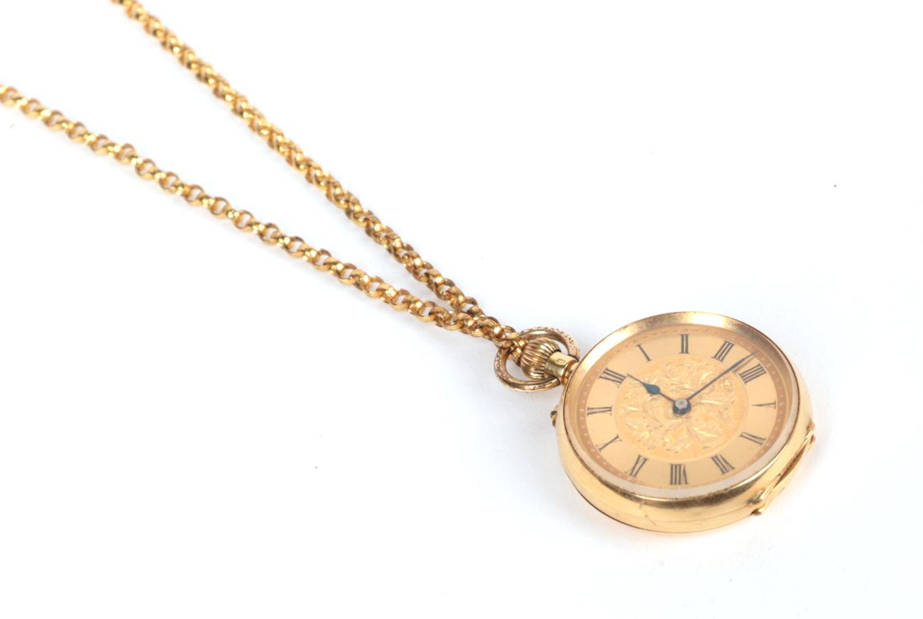 A lady's fob watch, case stamped '18K', with attached yellow metal chain