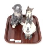 Royal Copenhagen; Seated cats, numbers 340 and 1803 and Rabbit, number 4676. Good condition