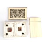 A late 19th/early 20th century ivory card case decorated with hardstones; a smaller plain ivory card